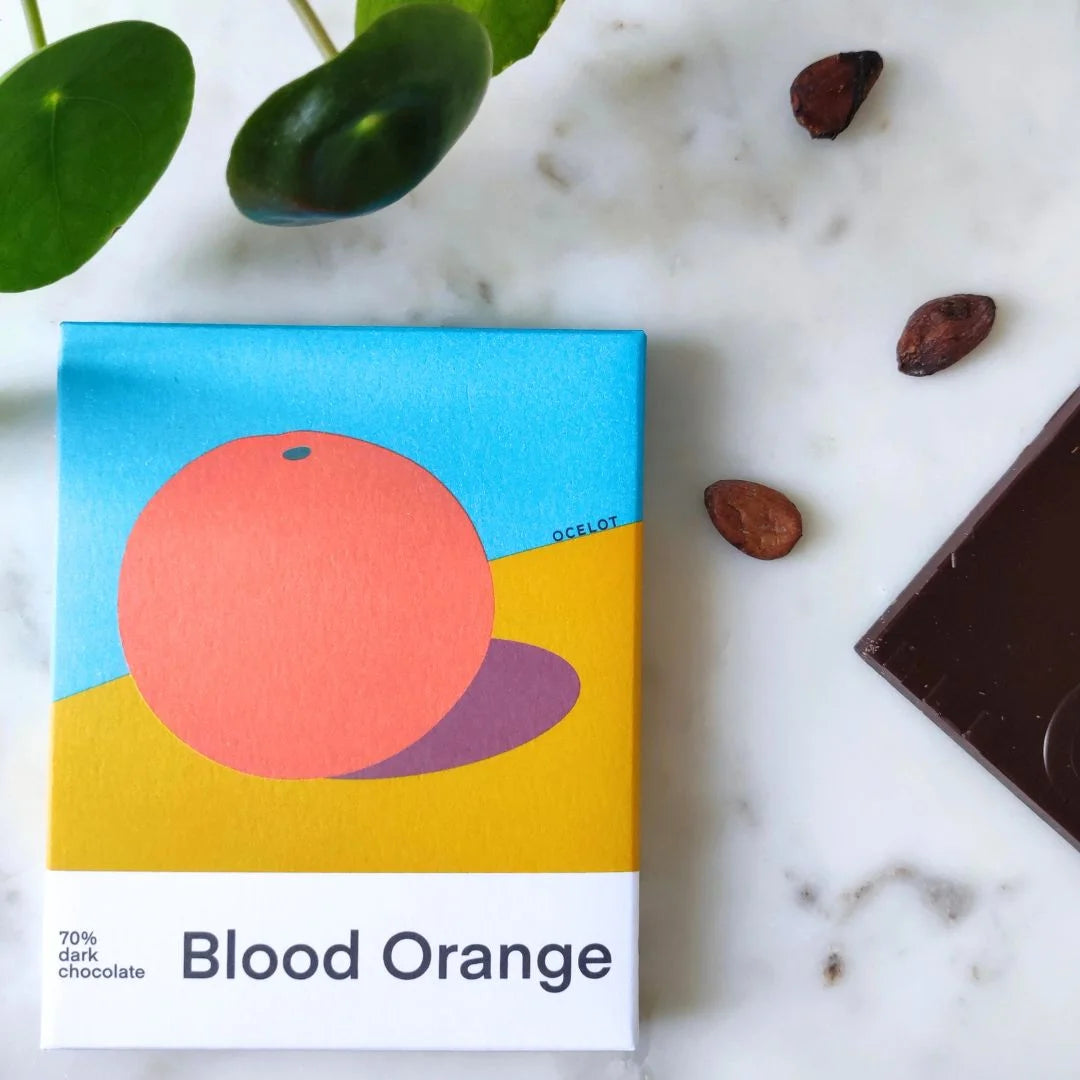 Chocolat noir Ocelot, 70% cacao, orange sanguine, Virunga, Congo, puissant, fruité, gourmand, équilibre, exception, vegan.