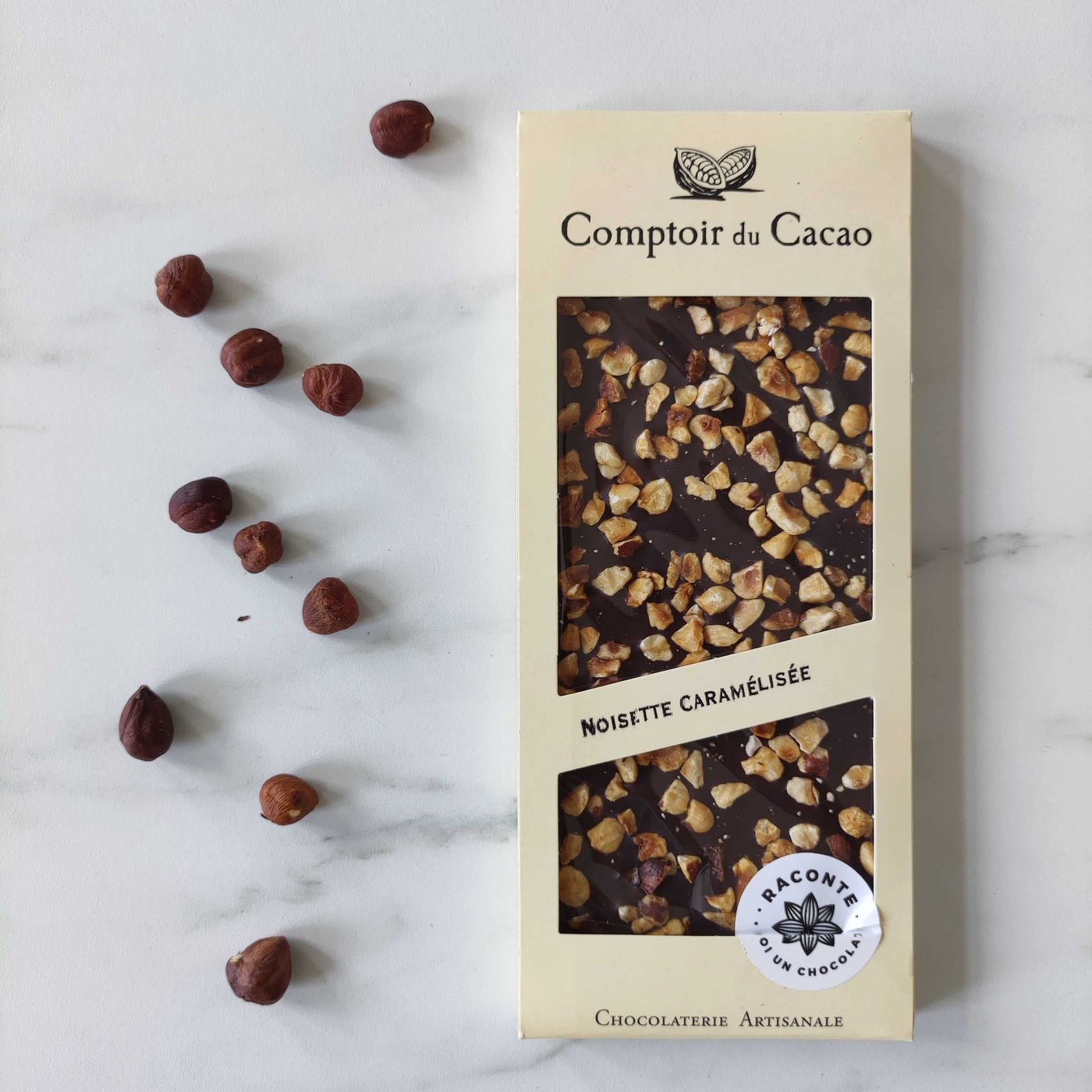 Noisettes caramélisées comptoir du cacao chocolat artisanal, livraison chocolat, tablette chocolat noir