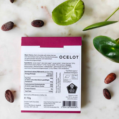 Chocolat noir Ocelot, 70% cacao, cerise noire, Virunga, Congo, puissant, fumé, acidulé, gourmand, luxueux.  Edit alt text