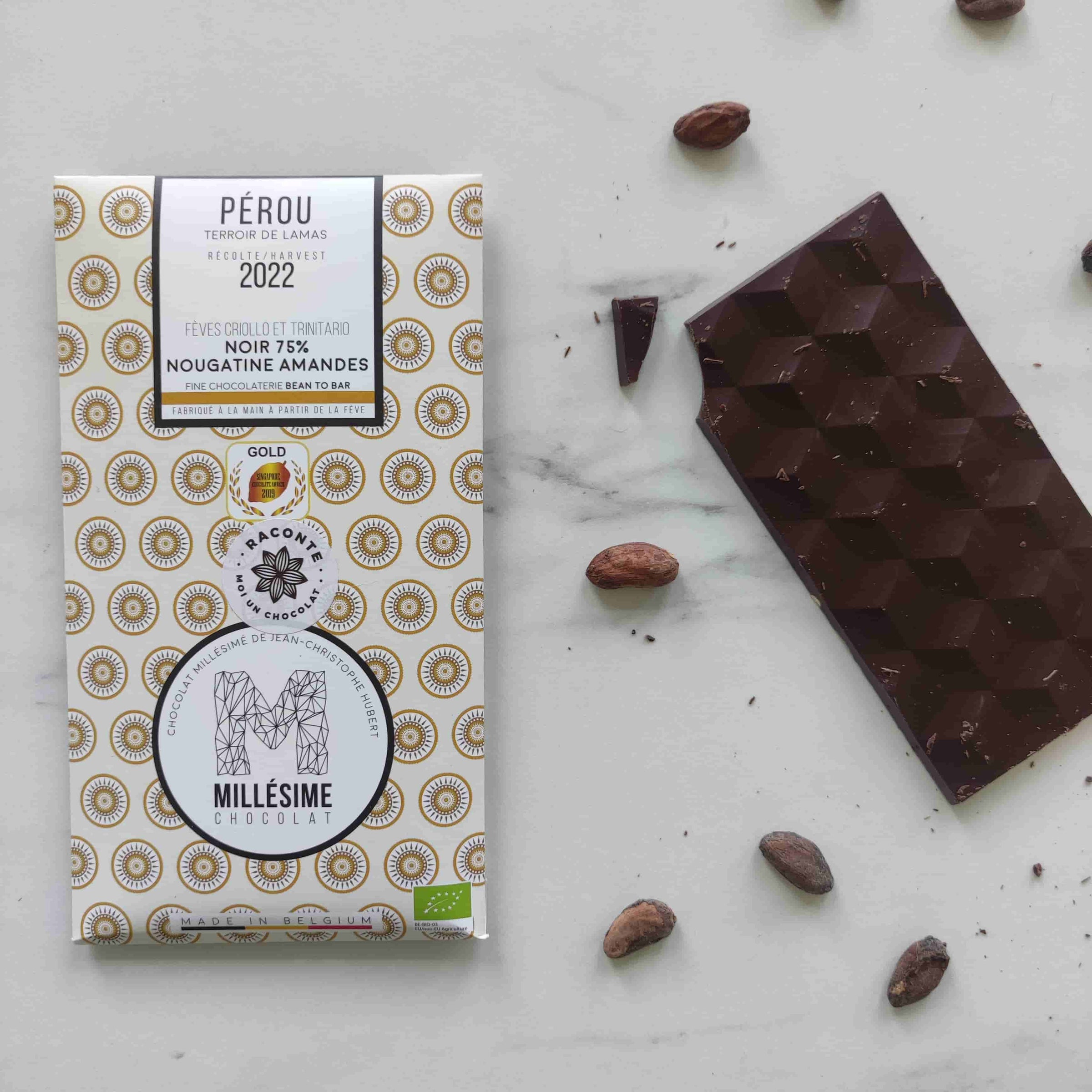 chocolat pérou amérique du sud caraïbes nougatine amandes noir millésime bean-to-bar fèves criollo trinitaro médaillé gold bio belgique original artisanal
