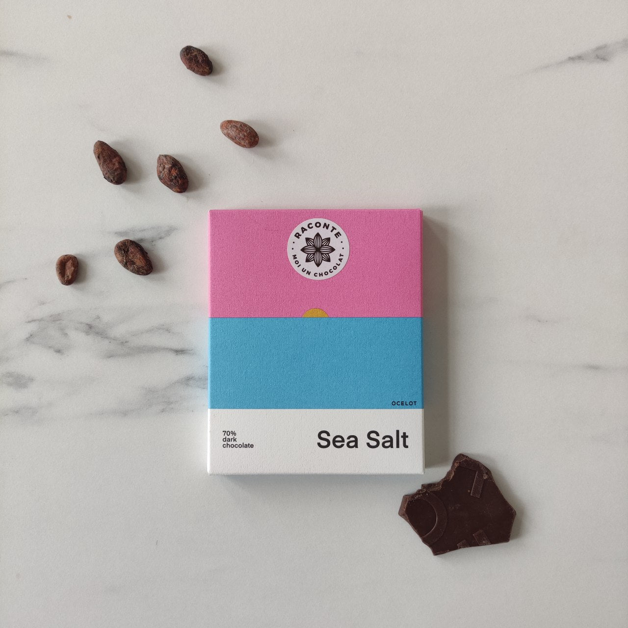 Océlot, chocolat noir, chocolat noir 70%, Sea Salt, sel marin, chocolat au sel marin, Raconte-moi un chocolat, chocolat d'execpetion, tablette, tablette de chocoat, bio, chcoclat bio, chocolat biologique, biologique, plaque de chocolat, chocolat original, goût original, qualité supérieur, chocolat bean-to-bar, Bean-to-Bar, sucré salé, chocolat sucré salé 