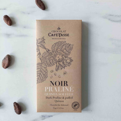 Tablette de chocolat noir praliné 60%, belge, artisanal, Quinoa soufflé et cœur fondant au praliné noisette