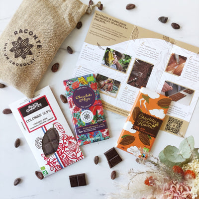 Assortiment de trois tablettes de chocolat réalisées par des créateurs d'exception. Ces tablettes sont accompagnées de leur pochon, ainsi que d'un passeport d'initiation pour apprendre à mieux déguster le chocolat. Un cadeau idéal et artisanal pour les anniversaires ou vos autres fêtes. 