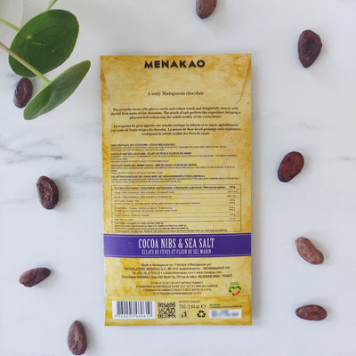 Chocolat Bean-to-Bar Menakao- 63% de cacao aux éclats de fèves et à la fleur de sel Menakao fête des pères fête des mères Fête des grands-mères fleur de sel chocolat équitable chocolat noir chocolat livraison Chocolat de Madagascar chocolat d'origine Madagascar chocolat d'origine chocolat bean-to-bar chocolat 63% boost Bean-to-Bar