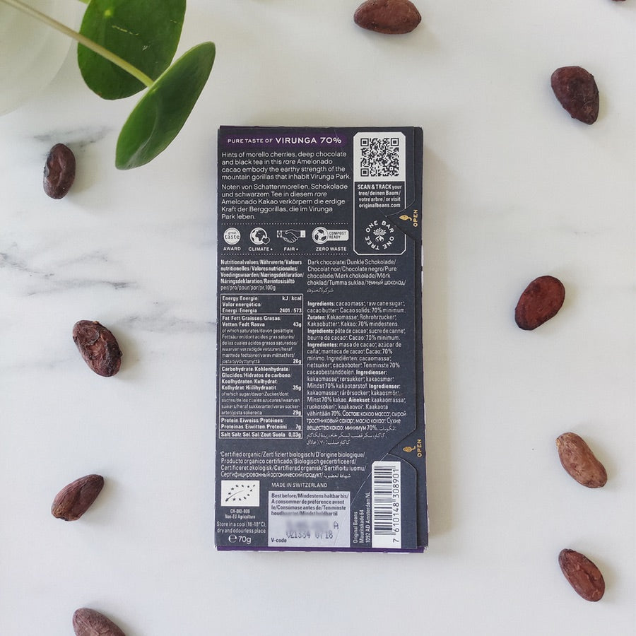 OB chocolat noir à 70% de cacao - Virunga végan  tablette de chocolat noir  Original Beans  fête des pères  fête des mères  chocolats noirs  chocolat équitable  Chocolat vegan  Chocolat noël  chocolat noir  Chocolat d'origine Virunga  chocolat d'origine  chocolat artisanal  chocolat  70%